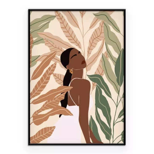 Poster  Femme parmi de grandes feuilles tropicales illustration