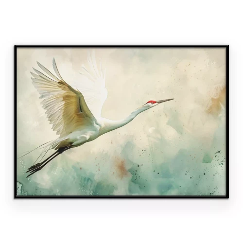 Poster  Crane in Flight - bird painted in watercolor on a greenish textured background