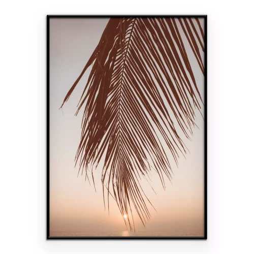 Poster  Paysage marin au coucher du soleil avec une feuille de palmier