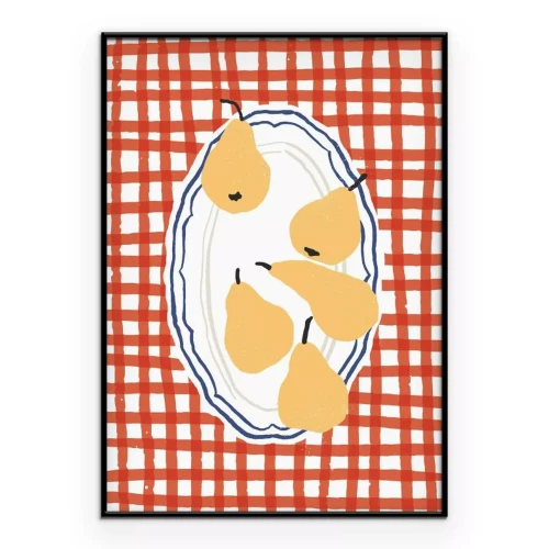 Poster  Illustration moderne d'une poire sur fond rouge à carreaux