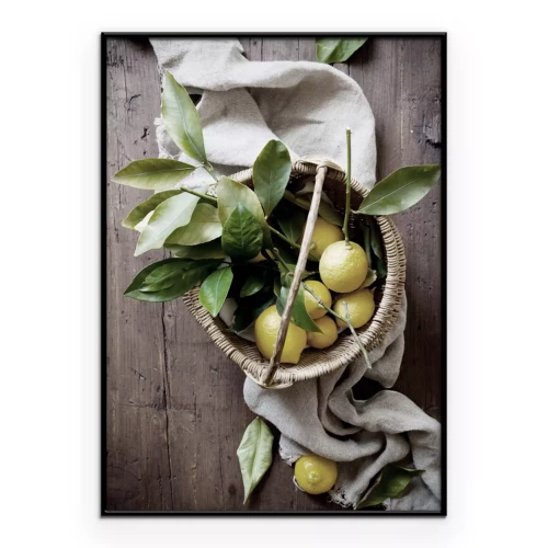 Poster  Fruits de citron dans un panier sur une table en bois