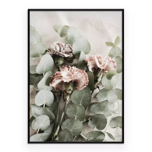 Poster  Ramas de eucalipto y flores de clavel