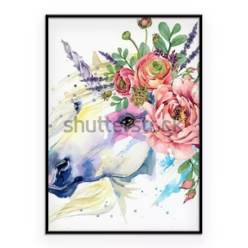 Poster  Graphisme aquarelle d'une tête de licorne ornée de fleurs