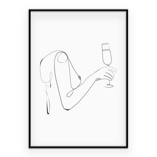 Poster  Femme avec un verre de vin en style line art