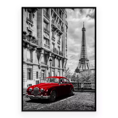 Poster  Voiture rétro rouge et la tour Eiffel à Paris