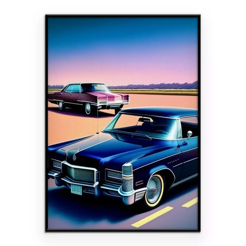 Poster  Voitures classiques sur la route, style dessin animé