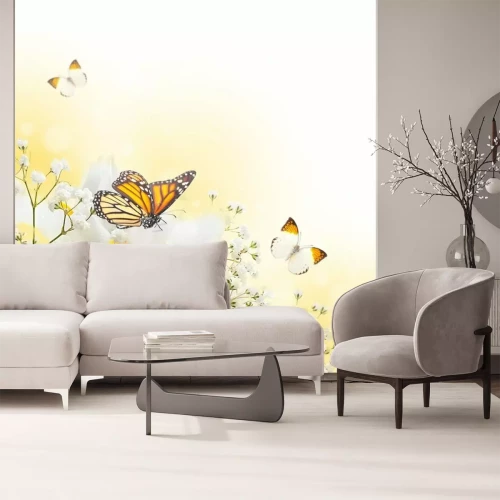 Papier peint  Orchidées blanches, végétation et papillons