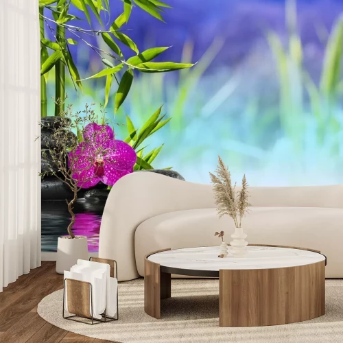 Papier peint  Orchidée mauve et bambou sur l'eau