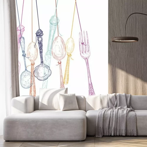 Papier peint  Couverts pastel suspendus à des ficelles