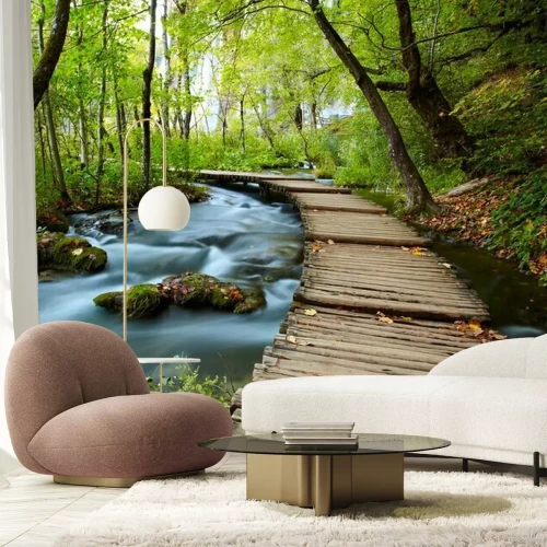 Papier peint  Passerelle rivière forêt