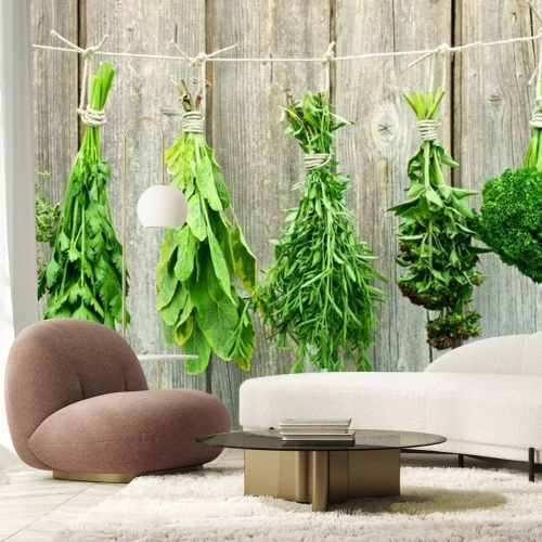 Papier peint  Diverses herbes suspendues à une ficelle pour sécher