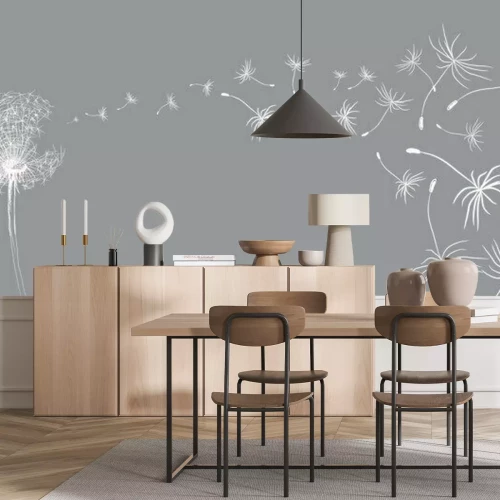 Papier peint  Un croquis d'un pissenlit dont les graines s'envolent.