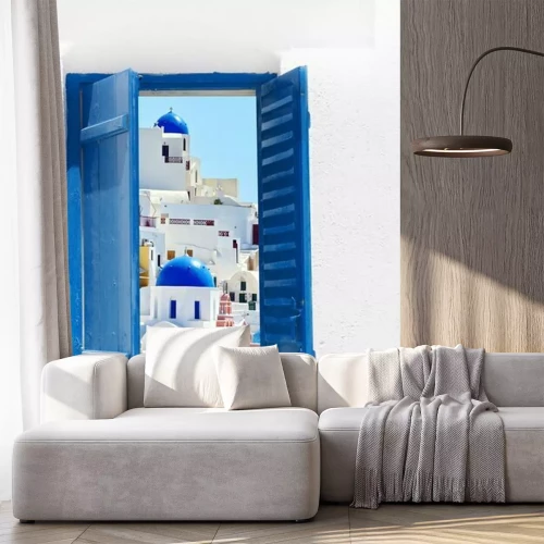 Papier peint  Une fenêtre bleue avec vue sur Santorin