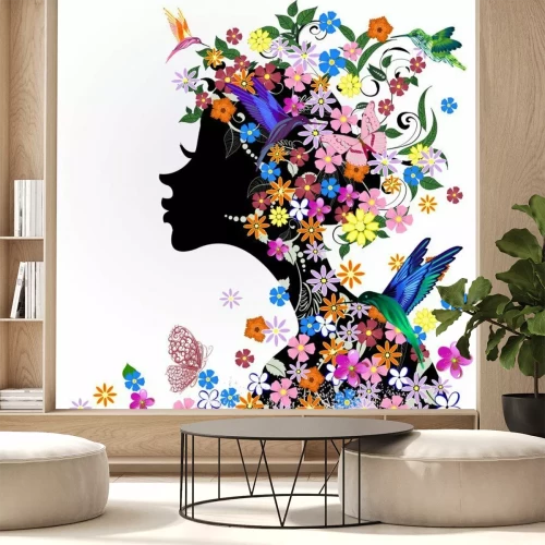 Papier peint  Coiffure florale, fille et le papillon oiseau
