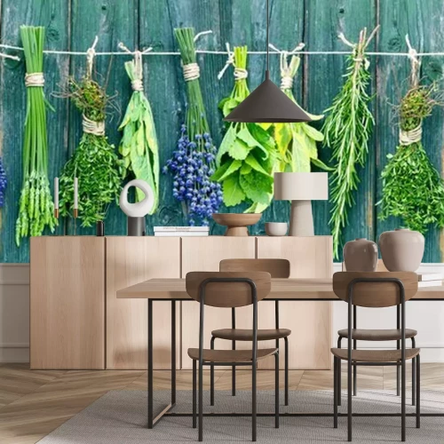 Papier peint  Composition d'herbes aromatiques sur planches