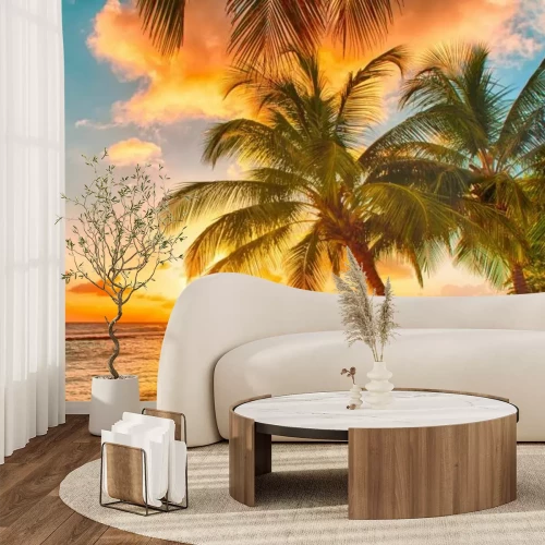 Papier peint  Palmiers au coucher du soleil sur l'île de la Barbade paysage tropical