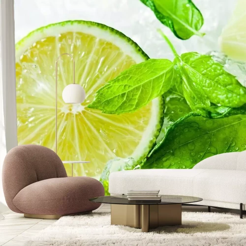 Papier peint  Citrons verts et feuilles de menthe