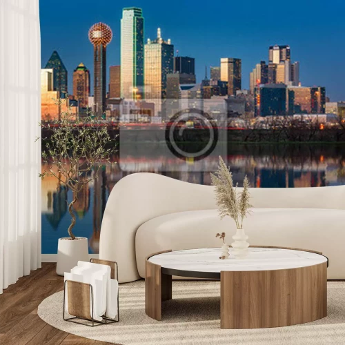 Papier peint  Dallas horizon reflète dans la rivière Trinity au coucher du soleil