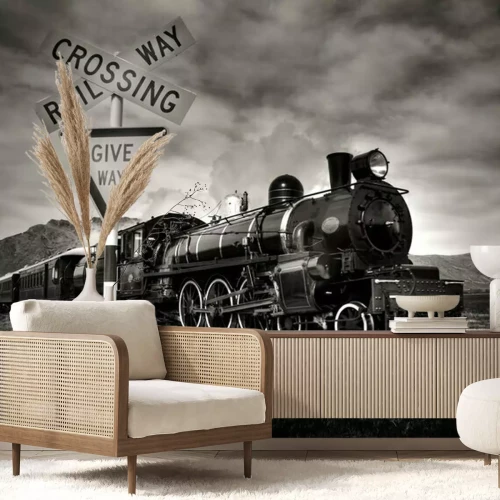 Papier peint  Train rétro sur un passage à niveau