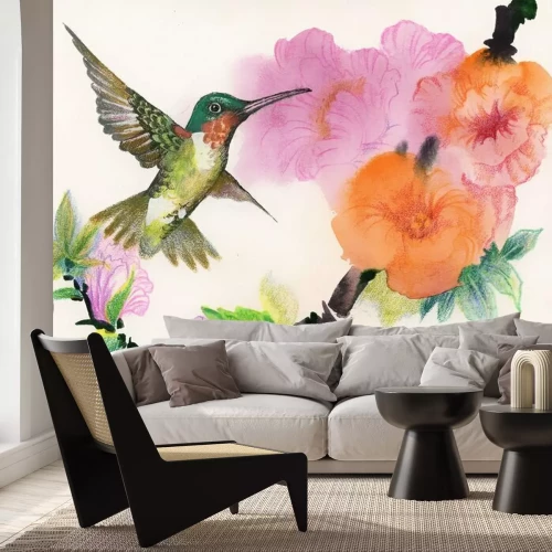 Papier peint  Oiseau volant vers de belles fleurs