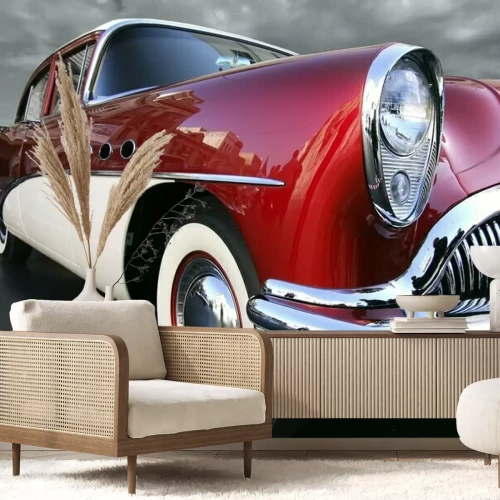 Papier peint  Voiture rétro rouge sur fond sombre