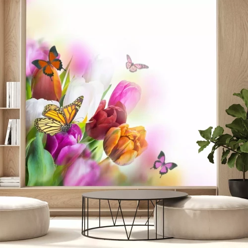Papier peint  Tulipes colorées et papillons