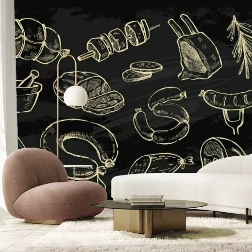 Papier peint  Symboles de boucherie sur fond noir Tableau