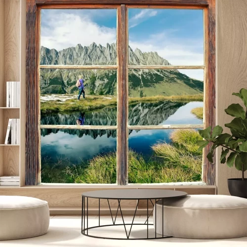 Papier peint  Vue d'une femme à la montagne depuis une fenêtre