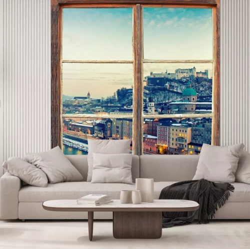 Papier peint  Vue d'une ville enneigée depuis une fenêtre