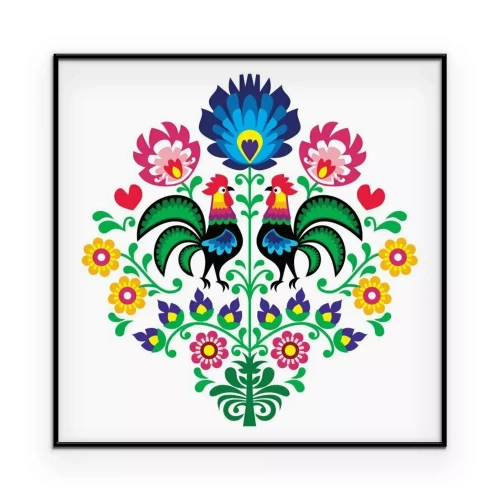Poster  Graphismes de style folklorique avec des coqs et des fleurs