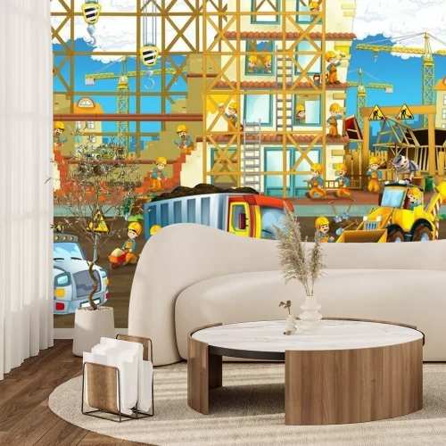 Papier peint  Chantier de construction avec des ouvriers version dessin animé