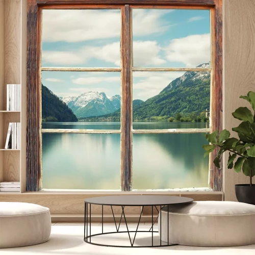 Papier peint  Paysage avec le lac Grundlsee vu depuis une fenêtre