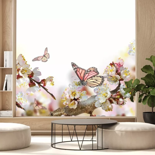 Papier peint  Papillon sur fond de fleurs printanières