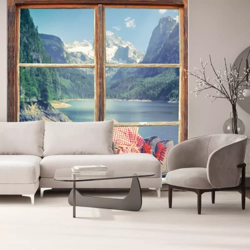 Papier peint  Sac à dos et bottes derrière une fenêtre