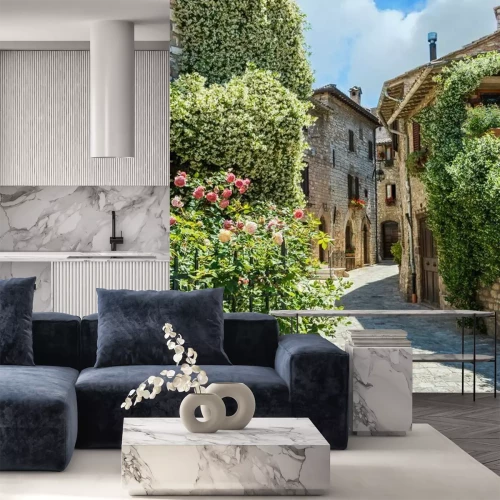 Papier peint  Ruelle ensoleillée au milieu de jardins