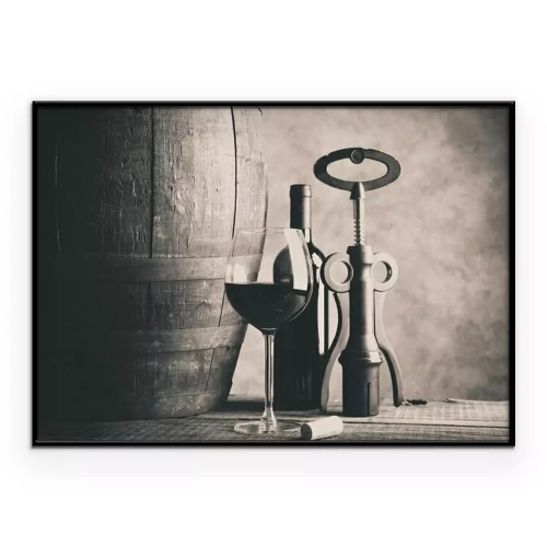 Poster  Un verre de vin et un tonneau en bois