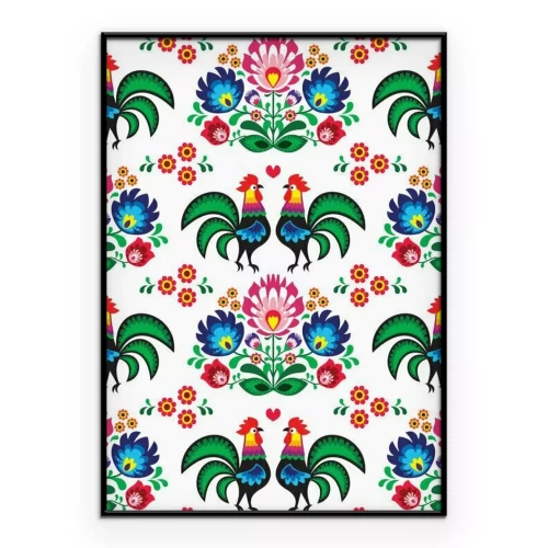 Poster  Fleurs et coqs sur fond blanc dans le style de Łowicz
