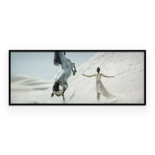 Poster  Une femme et un cheval tacheté dans le désert