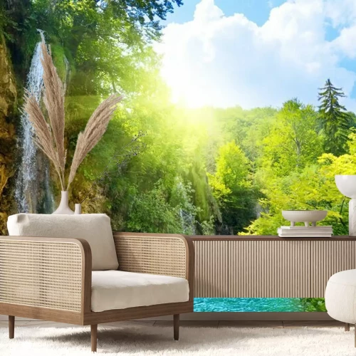 Papier peint  Forêt ensoleillée et cascade