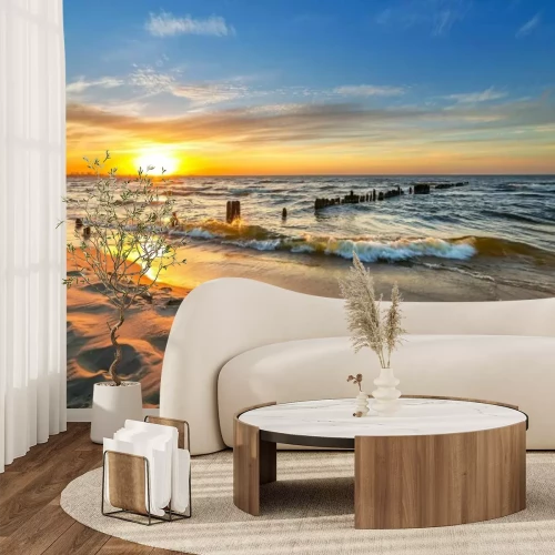 Papier peint  Coucher de soleil sur la plage de la mer Baltique en Pologne