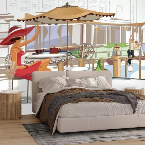 Papier peint  Illustration d'une jeune fille dans un café