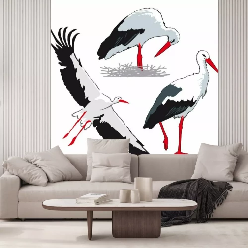 Papier peint  Trois cigognes sur fond blanc