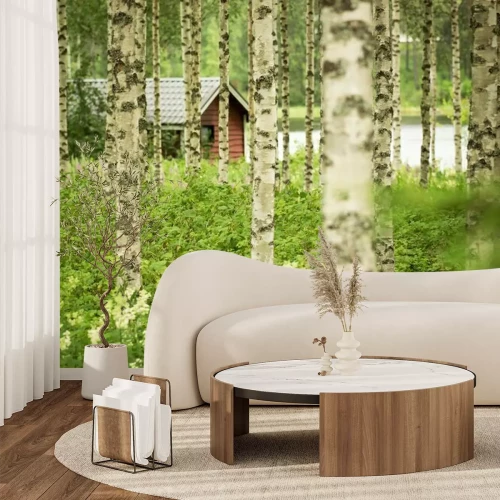 Papier peint  Des bouleaux et un chalet en arrière-plan