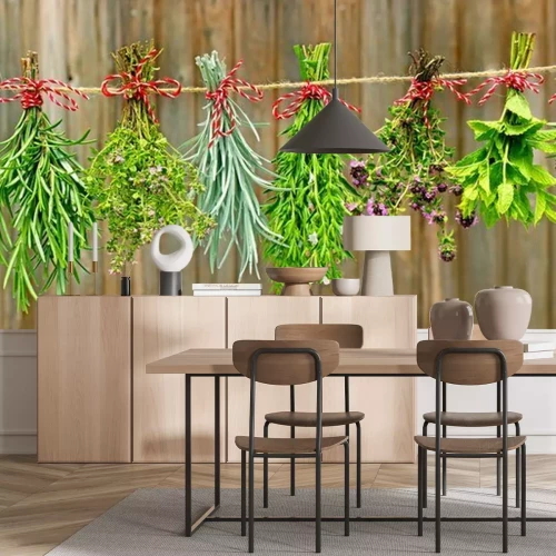 Papier peint  Herbes naturelles sur planches rustiques