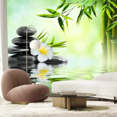 Sticker  Pierres zen avec frangipanier et bambou se reflétant dans l'eau