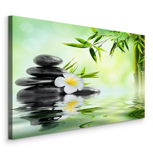 Tableau  Pierres zen avec frangipanier et bambou se reflétant dans l'eau
