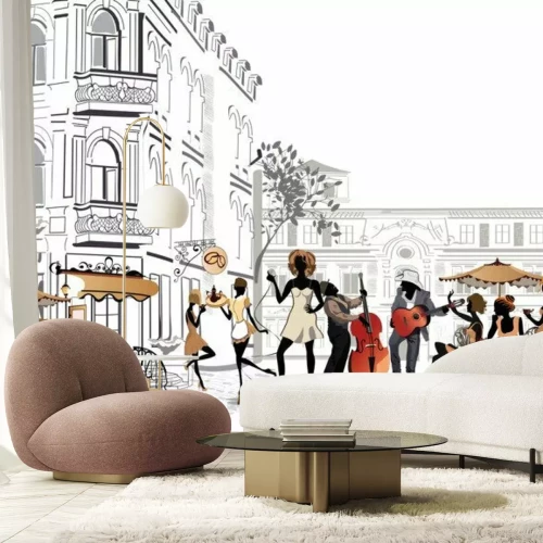 Papier peint  Silhouettes colorées dans la rue