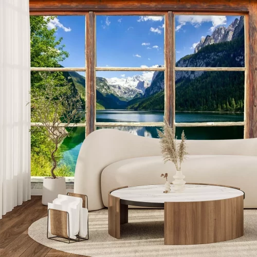 Papier peint  Motif : lac derrière une fenêtre