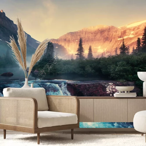 Papier peint  Montagnes et petite chute d'eau