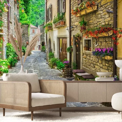 Papier peint  Maisons décorées de fleurs